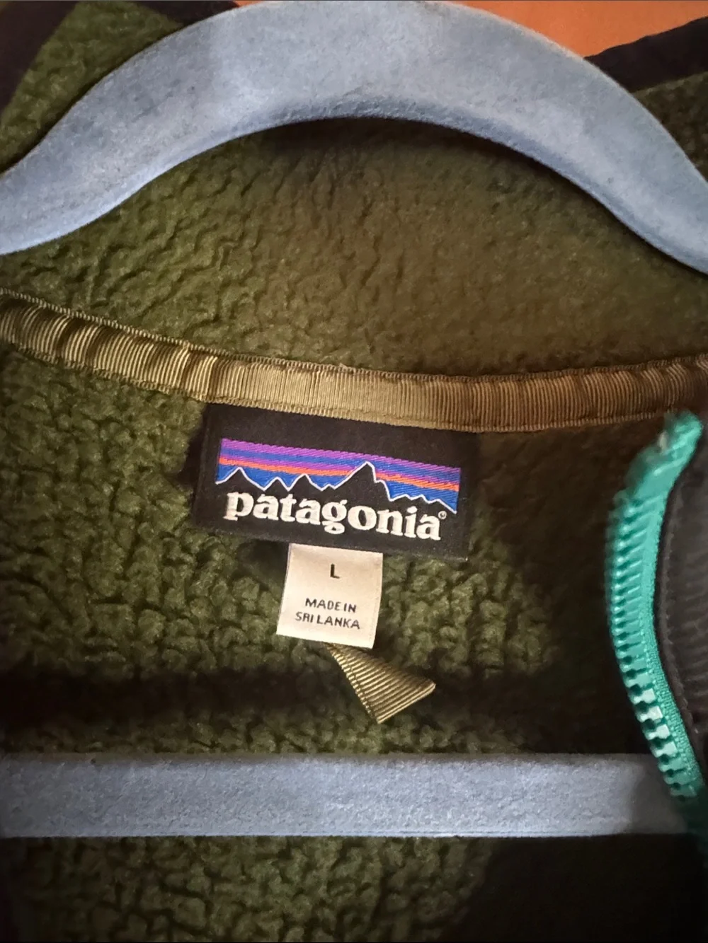 Patagonia Olive Sherpa Quarter-Zip with Teal Trim